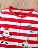 【0M-12M】2-piece Unisex Baby Red Christmas Striped Cartoon Embroidered Long Sleeve Romper With Hat