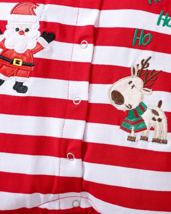 【0M-12M】2-piece Unisex Baby Red Christmas Striped Cartoon Embroidered Long Sleeve Romper With Hat