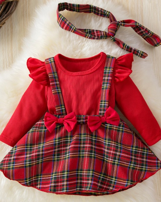 【3M-24M】2-piece Baby Girl Christmas Plaid Long Sleeve Romper With Hairband