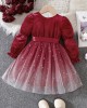 【18M-6Y】Girls Red Velvet Star Mesh Long Sleeve Dress