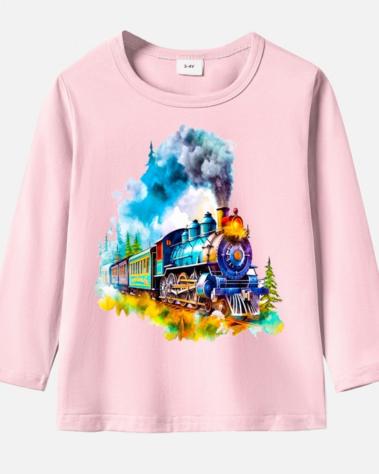 【12M-9Y】Boy Cotton Stain Resistant Train Print Long Sleeve Tee