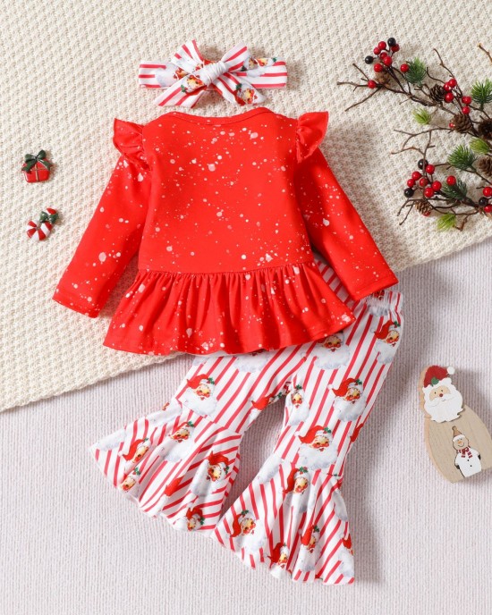 【3M-18M】3-piece Baby Girl Red Christmas Print Long Sleeve T-shirt And Pants Set With Hairband