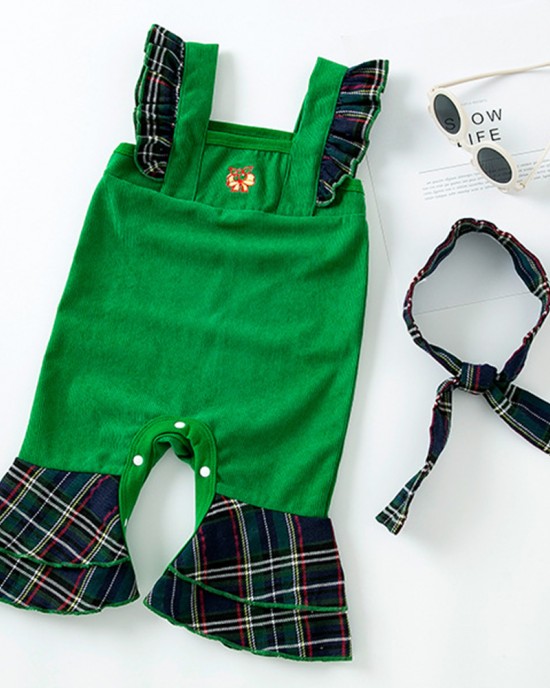 【3M-24M】2-piece Baby Girl Corduroy Christmas Plaid Jumpsuit With Hairband