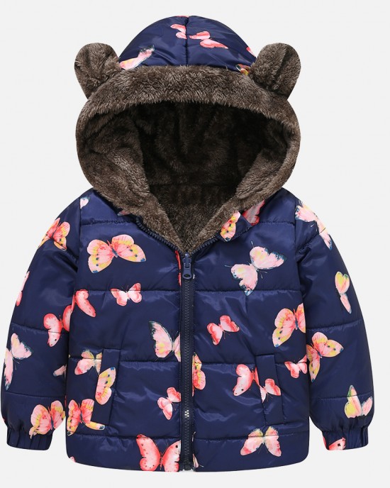 【18M-6Y】Girls Thick Butterfly Print Reversible Hooded Fleece Coat