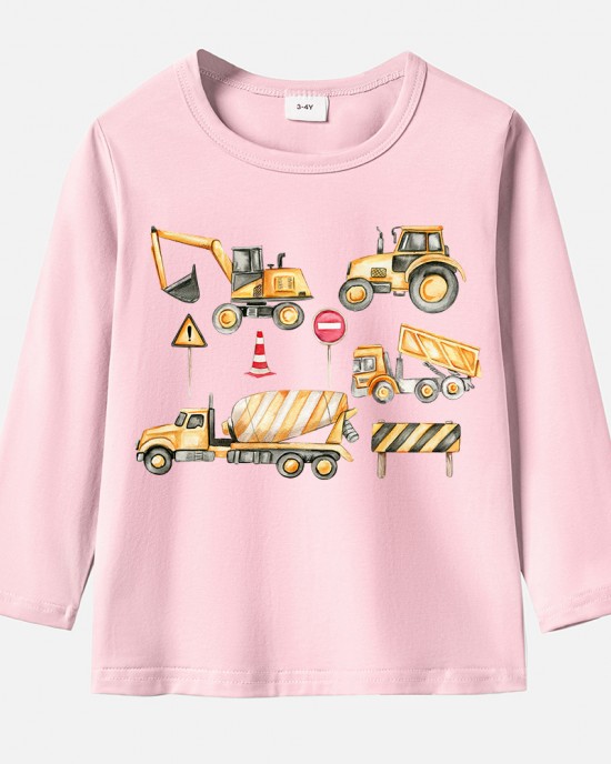 【12M-9Y】Boy Cotton Stain Resistant Excavators And Dump Trucks Print Long Sleeve Tee