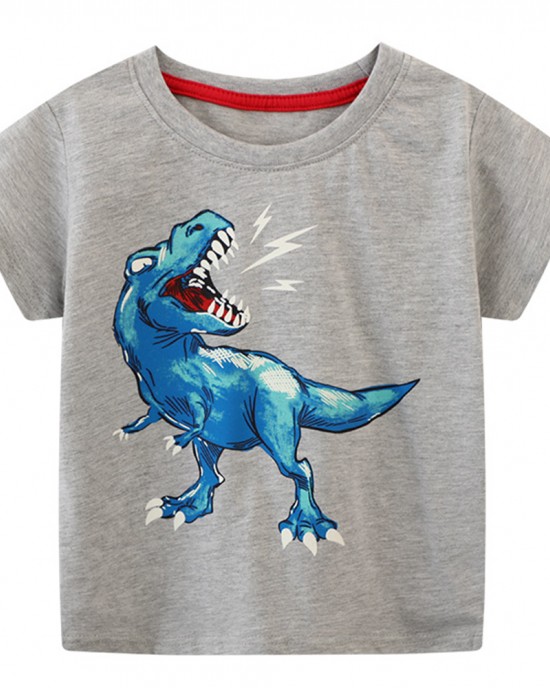 【18M-7Y】Boys Gray Luminous Dinosaur Print Round Neck Short Sleeve T-shirt