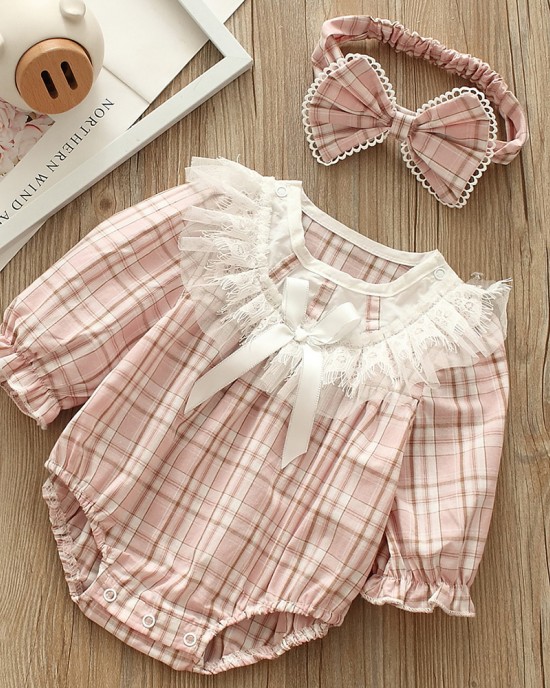 【0M-24M】2-piece Baby Girls Cotton Plaid Long Sleeve Romper With Hairband