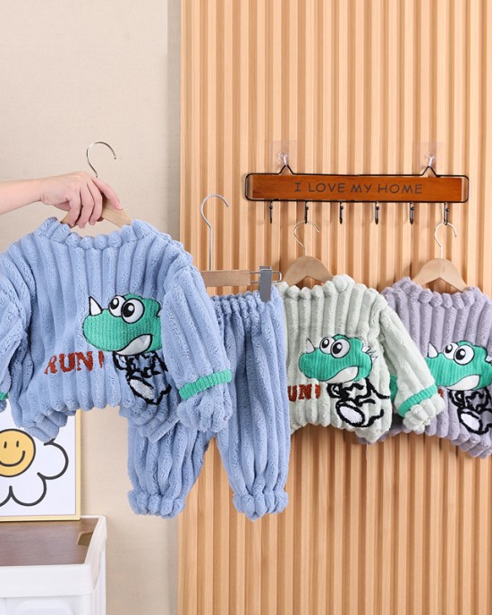 【9M-4Y】2-piece Boys Thick Flannel Dinosaur Embroidered Pajama Set