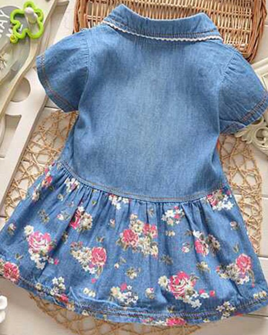 【9M-3Y】Girls Denim Floral Short Sleeve Dress