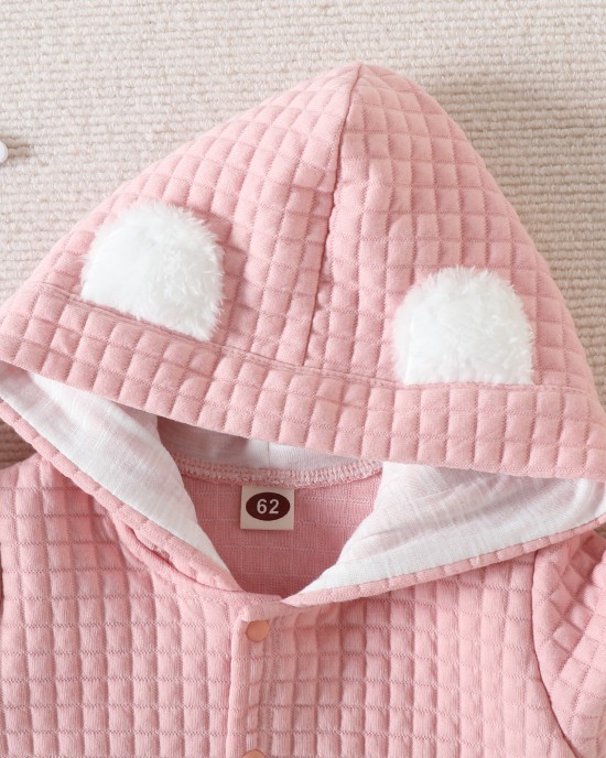 【0M-9M】Baby Girl Pink Thick Cloud Embroidered Long Sleeve Hooded Romper