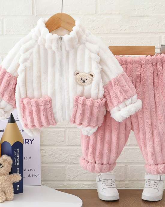 【9M-4Y】2-piece Unisex Kids Thick Flannel Bear Embroidered Pajama Set