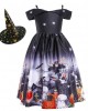 【2Y-11Y】2-piece Girls Multicolor Halloween Print Princess Dress With Hat