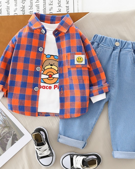 【9M-4Y】3-piece Boys Bear Print Long-sleeved T-shirt And Plaid Shirt And Jeans Set