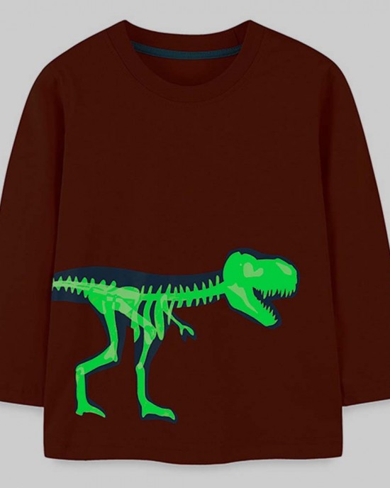 【18M-7Y】Boys Orange Luminous Dinosaur Print Round Neck Long Sleeve T-shirt