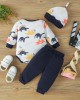 【0M-18M】3-piece Baby Boy Dinosaur Print Long Sleeve Romper And Pants Set With Hat