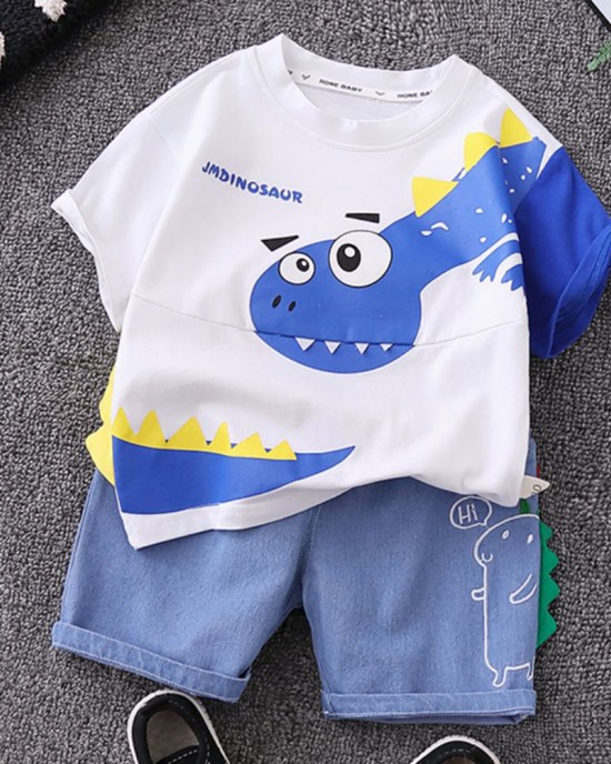 【9M-4Y】2-piece Boys Dinosaurs Print Short-sleeved T-shirt And Denim Shorts Set