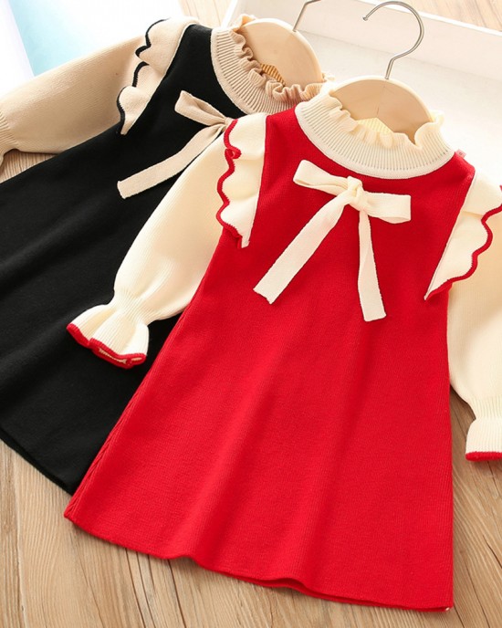 【18M-7Y】Girls Bow Long Sleeve Sweater Dress - 33256