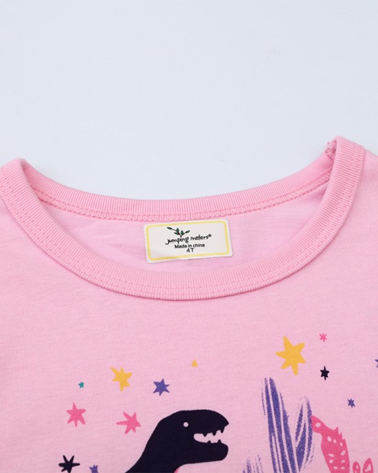 【18M-7Y】Girls Pink Dinosaur Print Round Neck Long Sleeve T-shirt