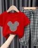 【18M-9Y】Unisex Kids Cartoon Print Short-sleeved T-shirt And Plaid Pants Set - 34359