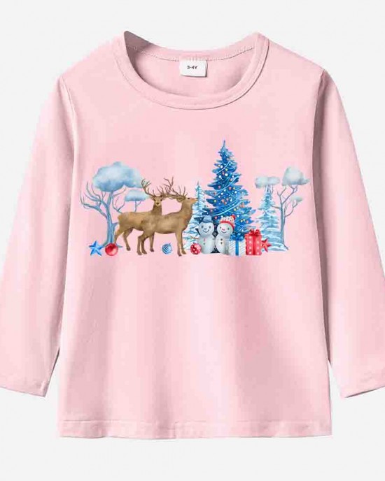 【12M-9Y】Unisex Kid Cotton Stain Resistant Christmas Print Long Sleeve Tee