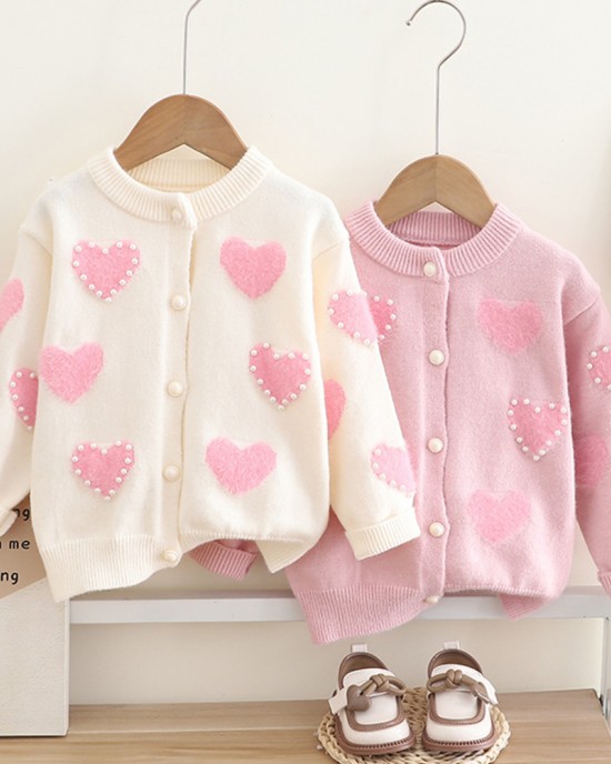 【18M-6Y】Girls Heart Pearl Long Sleeve Sweater Cardigan