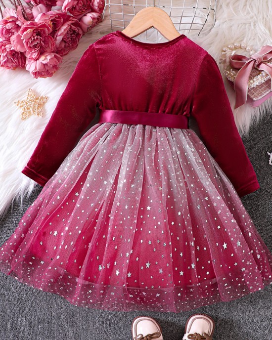 【18M-6Y】Girls Red Velvet Gradient Star Mesh Long Sleeve Dress