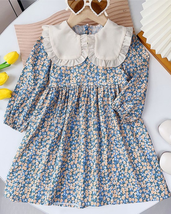 【2Y-7Y】Girls Blue Floral Lapel Long Sleeve Dress