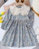 【2Y-7Y】Girls Blue Floral Lapel Long Sleeve Dress