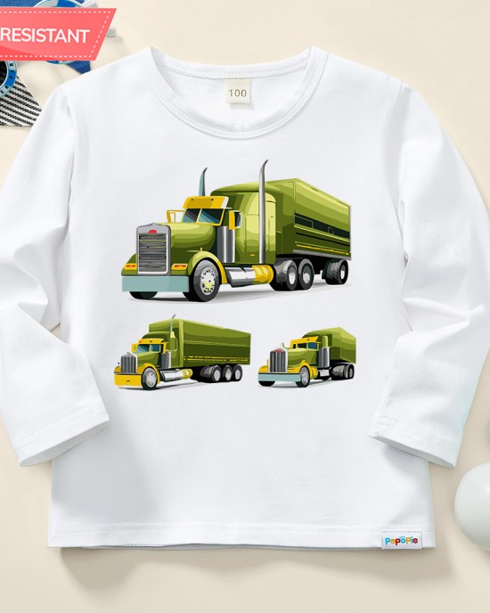 【12M-9Y】Boys Cotton Stain Resistant Trucks Print Long Sleeve Tee