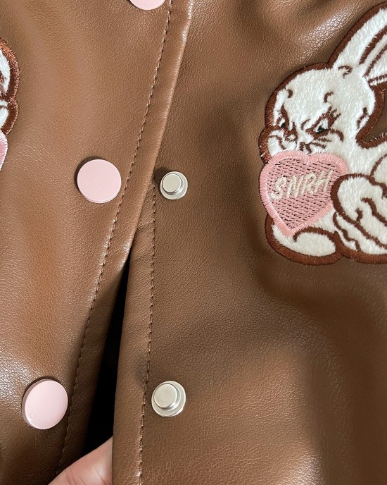 【18M-8Y】Girls Brown Bunny Embroidered PU Leather Jacket