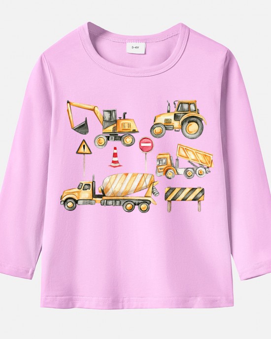 【12M-9Y】Boy Cotton Stain Resistant Excavators And Dump Trucks Print Long Sleeve Tee