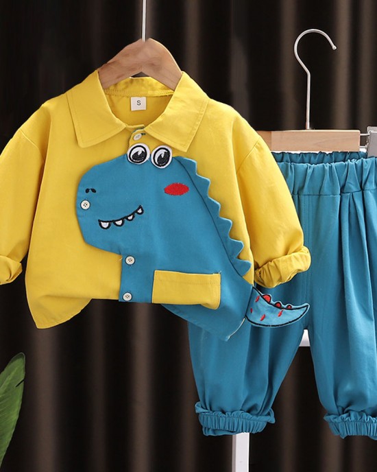 【9M-4Y】2-piece Boys Dinosaur Embroidered Long Sleeve Shirt And Pants Set