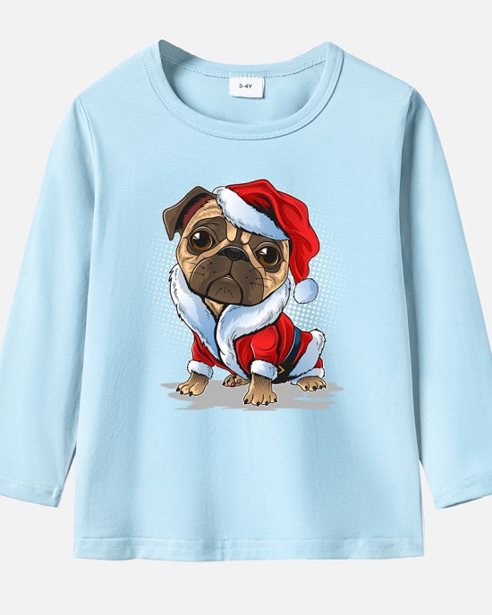 【12M-9Y】Unisex Kid Cotton Stain Resistant Christmas Dog Print Long Sleeve Tee