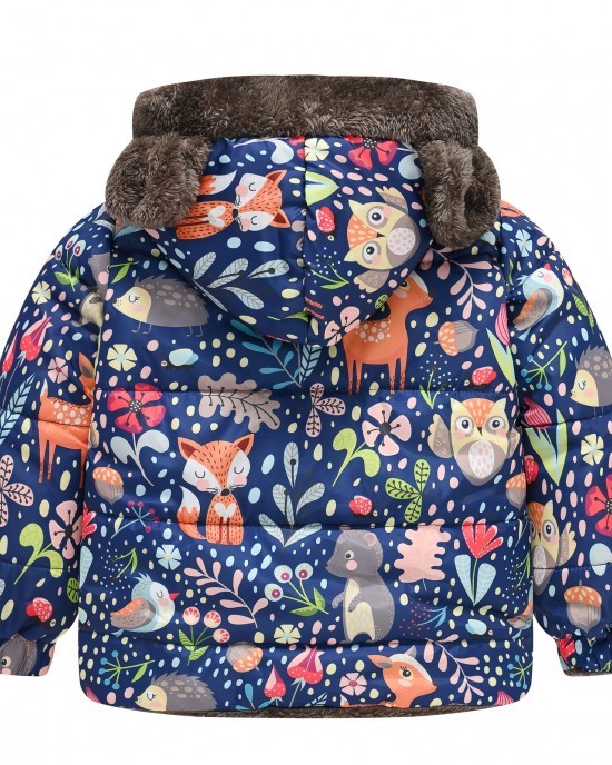 【18M-6Y】Girls Thick Animal Print Reversible Hooded Fleece Coat