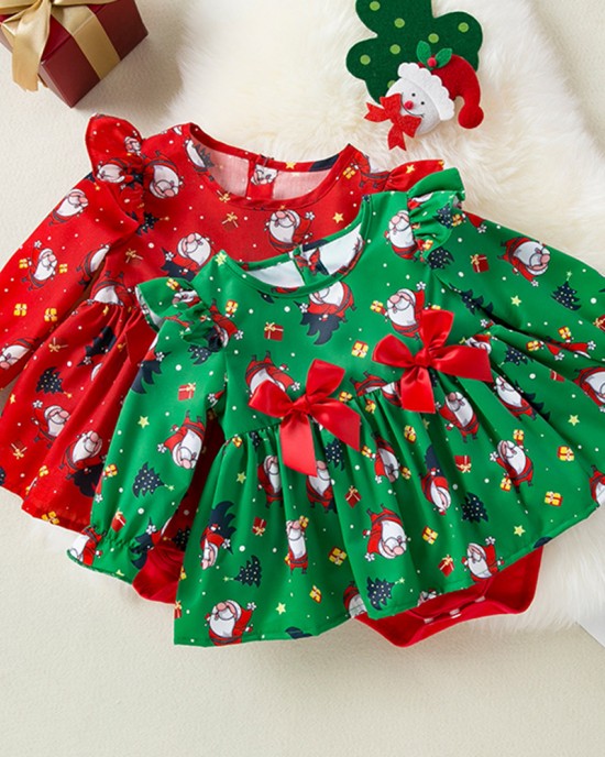 【3M-24M】Baby Girl Christmas Print Long Sleeve Romper