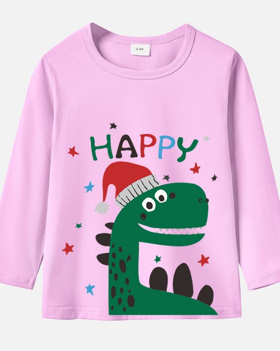 【12M-9Y】Boy Cotton Stain Resistant Christmas Dinosaur Print Long Sleeve Tee