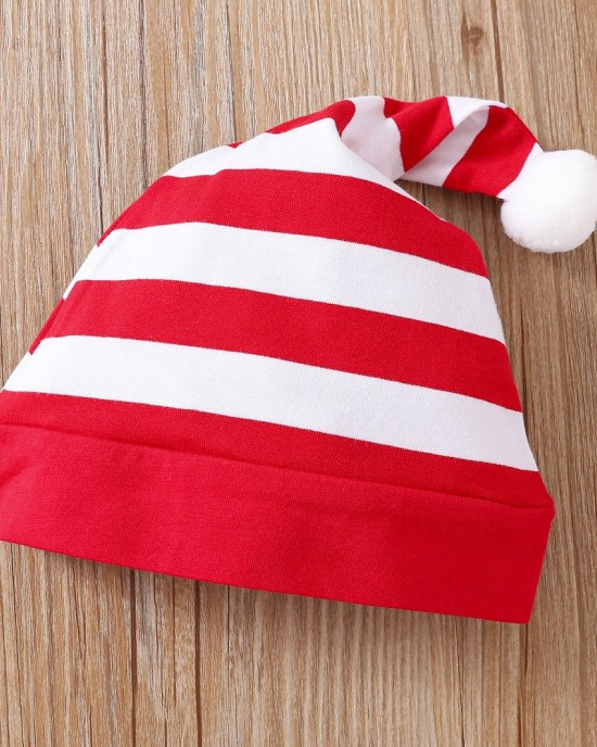 【0M-12M】2-piece Unisex Baby Red Christmas Striped Cartoon Embroidered Long Sleeve Romper With Hat