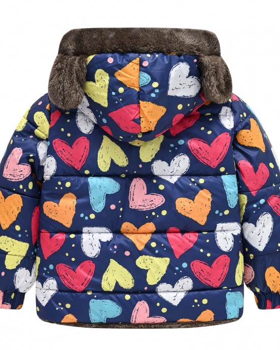 【18M-6Y】Girls Thick Heart Leopard Print Reversible Hooded Fleece Coat