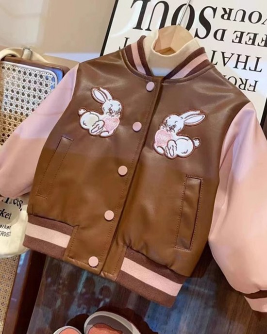 【18M-8Y】Girls Brown Bunny Embroidered PU Leather Jacket