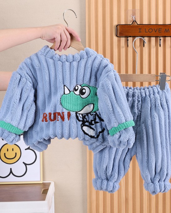 【9M-4Y】2-piece Boys Thick Flannel Dinosaur Embroidered Pajama Set