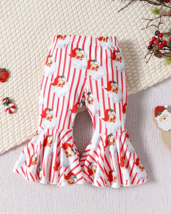 【3M-18M】3-piece Baby Girl Red Christmas Print Long Sleeve T-shirt And Pants Set With Hairband