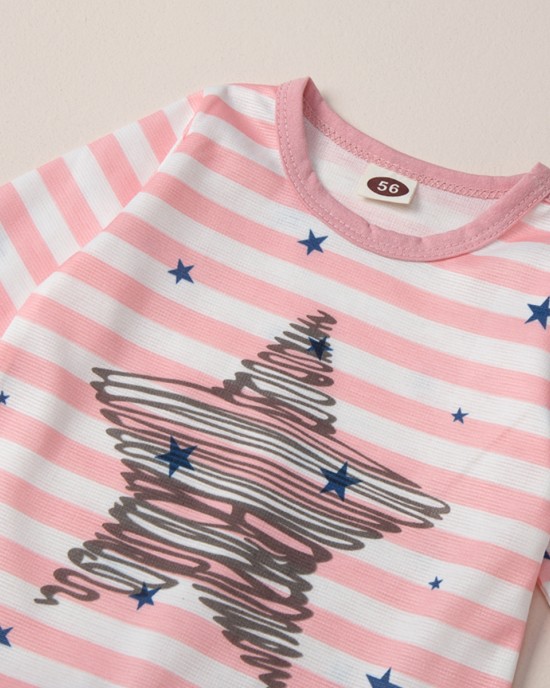 【0M-12M】Baby Girl Pink Striped Star Print Long Sleeve Romper