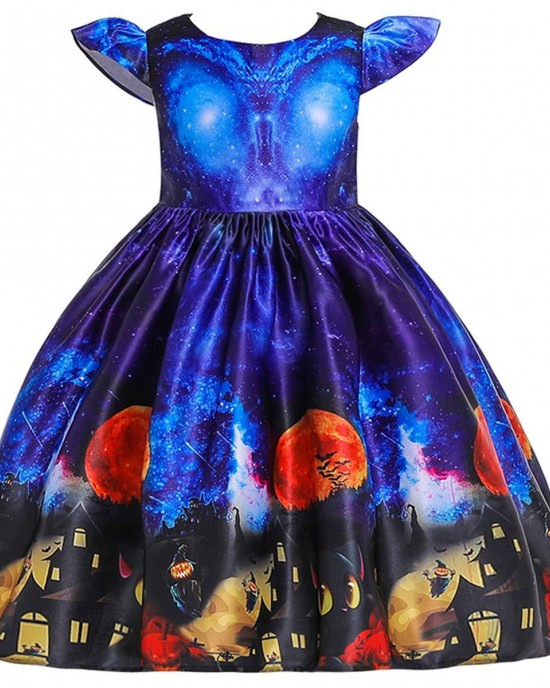 【2Y-11Y】2-piece Girls Multicolor Halloween Print Princess Dress With Hat - 33249