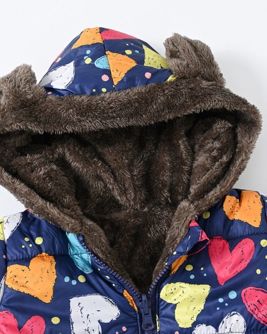 【18M-6Y】Girls Thick Heart Leopard Print Reversible Hooded Fleece Coat