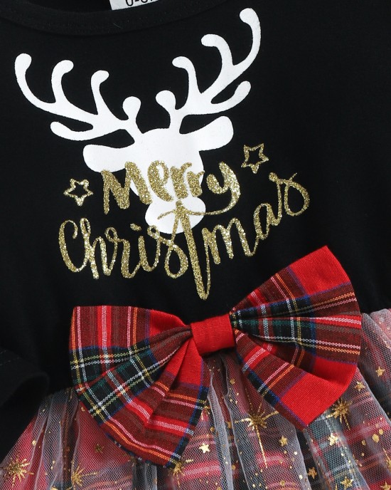 【3M-24M】Girls Christmas Elk Printed Long Sleeve Plaid Dress - 33264