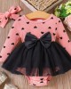 【0M-18M】2-piece Baby Girl Pink Heart Print Long Sleeve Romper With Hairband