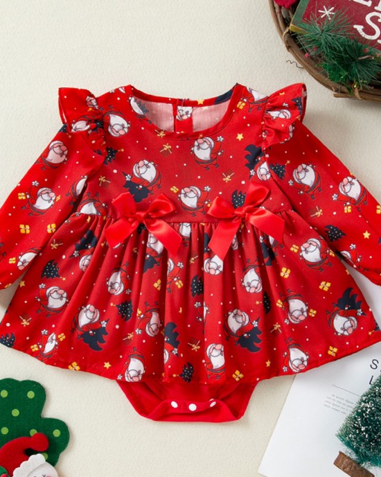 【3M-24M】Baby Girl Christmas Print Long Sleeve Romper