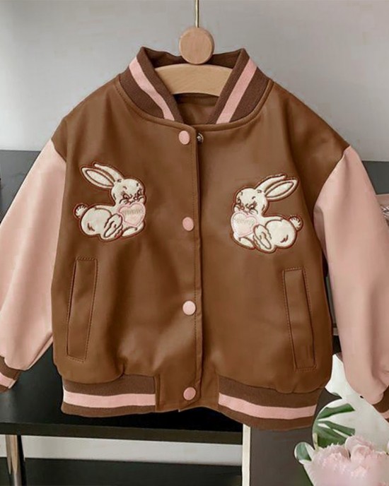 【18M-8Y】Girls Brown Bunny Embroidered PU Leather Jacket