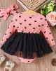 【0M-18M】2-piece Baby Girl Pink Heart Print Long Sleeve Romper With Hairband