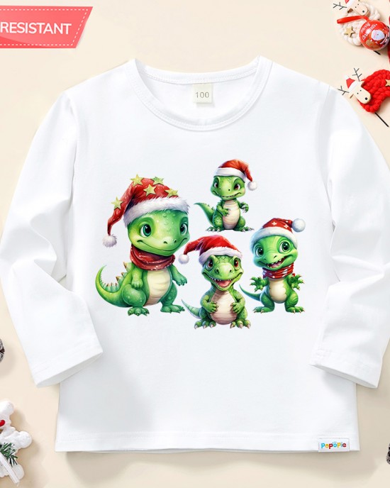 【12M-9Y】Unisex Kid Cotton Stain Resistant Christmas Dinosaurs Print Long Sleeve Tee